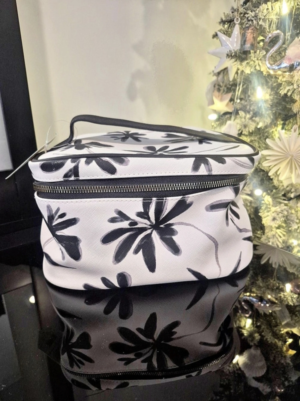 OCS Designs Black & White Floral Makeup Bag with Top Handle